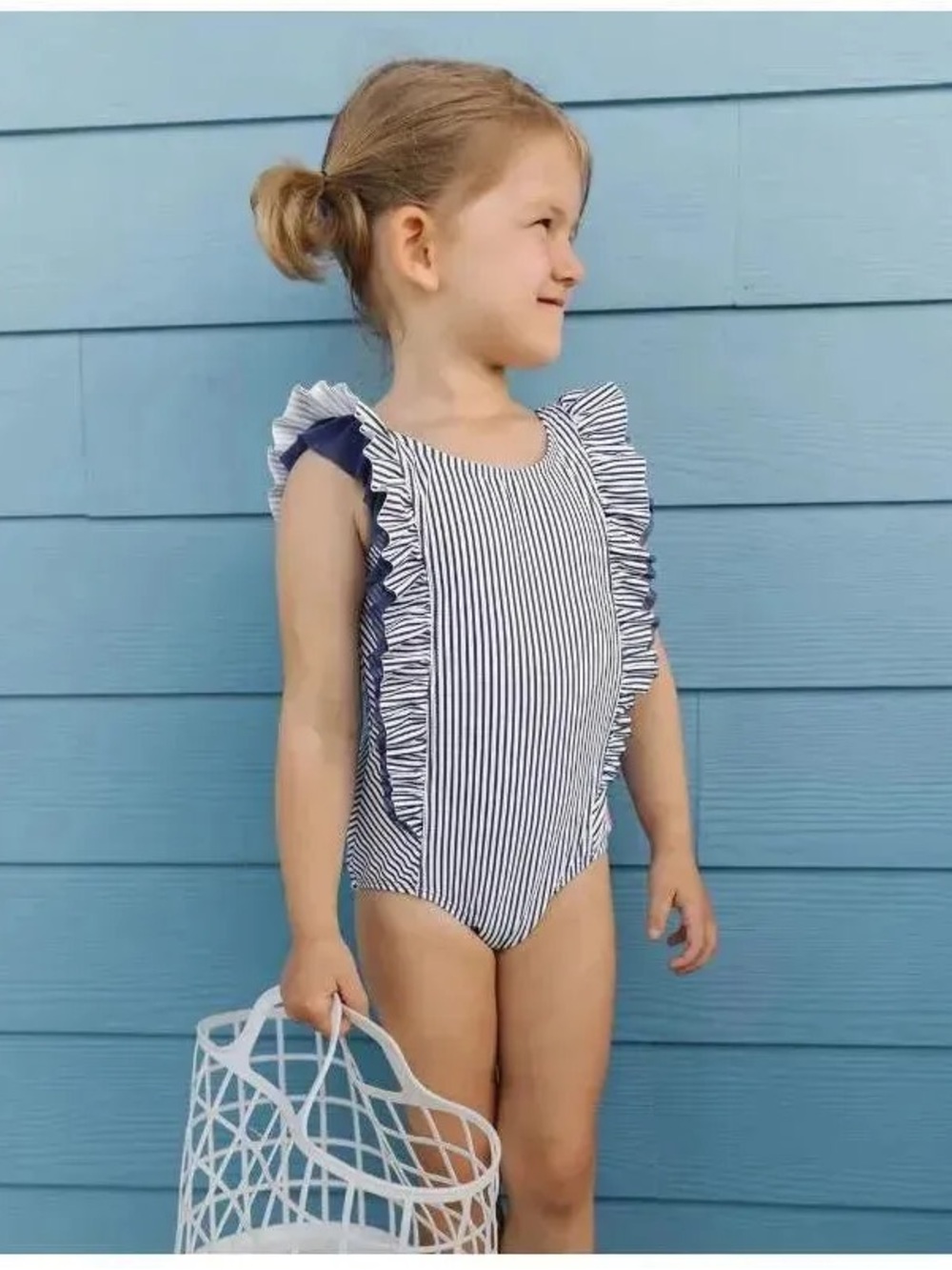 Ruffle Butts Navy and White Striped Ruffle Swimsuit